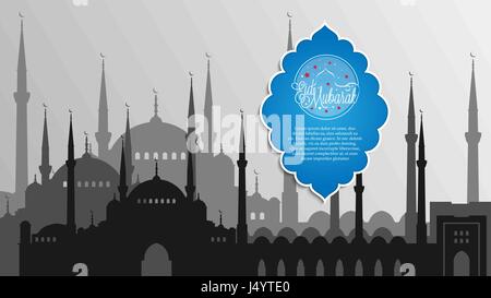 Vector Illustration of Eid Mubarak poster, banner or greeting card design with mosque silhouette for holy month of muslim community Ramadan Kareem Stock Vector