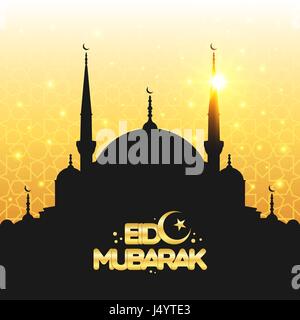 Vector Illustration of golden Eid Mubarak poster, banner or greeting card design. Mosque silhouette over geometric islamic wallpaper pattern Stock Vector