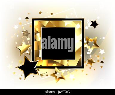 Square black banner with a gold polygonal frame, decorated with flying, gold and black stars on a light background. Design with gold stars. Stock Vector