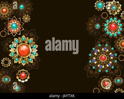 dark background is decorated with jewelery, gold and bronze ornaments in ethnic style with turquoise and jasper. Jewelery in boho style. Stock Vector