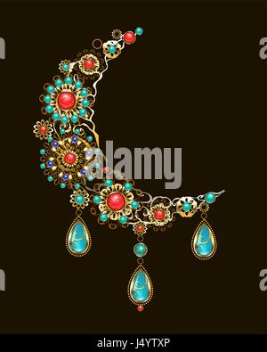 crescent moon decorated with jewelry, gold and bronze ornaments in ethnic style, with turquoise and jasper. Jewelery in boho style. Stock Vector