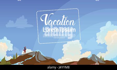 Summer Vacation Concept Man Backpacker Enjoy View Mountains Traveler Hiking Stock Vector