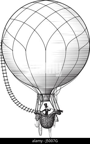 Retro balloonist flies in a balloon and watches the surroundings in a large telescope Stock Vector