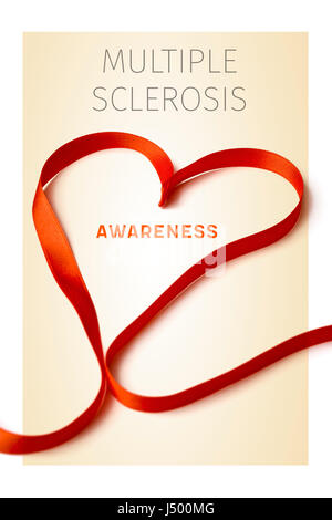 the text multiple sclerosis awareness and an orange ribbon forming a heart on a beige background surrounded by a white frame Stock Photo