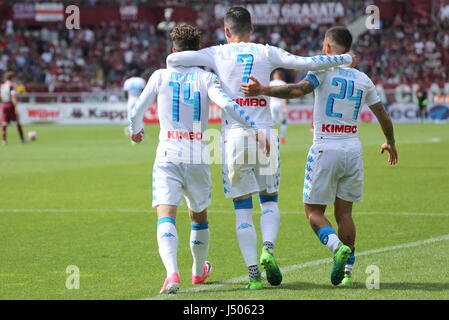 JosŽ Callejon (SSC Napoli) celebrates after scoring with Dries Mertens (left) and Lorenzo Insigne (right) celebrates after scoring with Lorenzo Insigne (left) during the Serie A football match between Torino FC and SSC Napoli at Olympic stadium Grande Torino on may 14, 2017 in Turin, Italy. Final result: Torino vs Napoli 0-5 Stock Photo