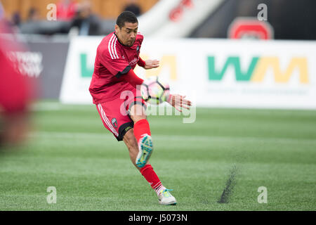 Ottawa, Canada. 13th May, 2017. Onua Thomas Obasi (14) boots the ball during the USL match between Pittsburgh Riverhounds and Ottawa Fury FC at TD Place in Ottawa, Canada. Credit: csm/Alamy Live News Stock Photo