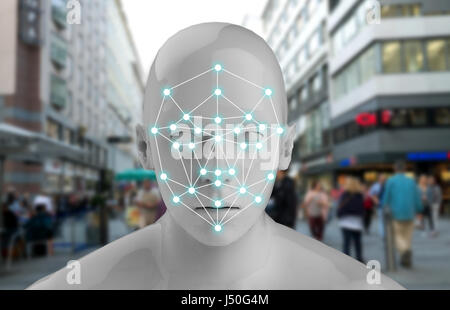 Machine learning systems , accurate facial recognition biometric technology and artificial intelligence concept. 3D Rendering of Man face and dots con Stock Photo