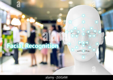 Machine learning systems , accurate facial recognition biometric technology, artificial intelligence concept. 3D Rendering of woman face and dots conn Stock Photo