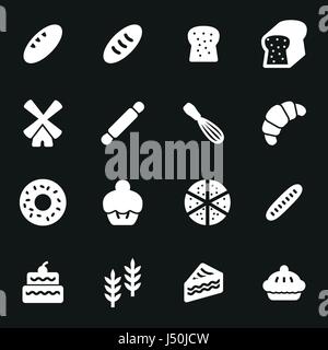 Vector white bakery icons set on black background Stock Vector
