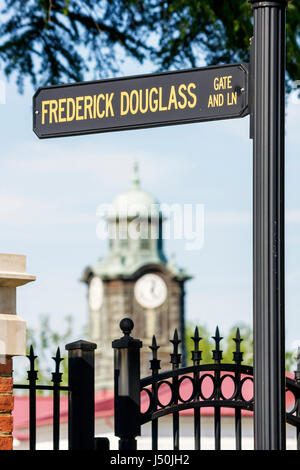 Alabama,Macon County,Tuskegee,Tuskegee Institute National historic Site,Tuskegee University,campus,street sign,Frederick Douglass Gate & Lane,White Ha Stock Photo