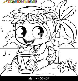 Hawaiian baby boy on an island playing music with the pahu drum. Coloring book page Stock Vector