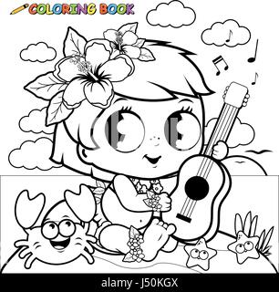 Hawaiian baby girl on an island playing the ukulele. Coloring book page Stock Vector