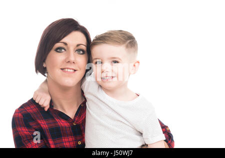 Happy mother and child smiling against white background Stock Photo