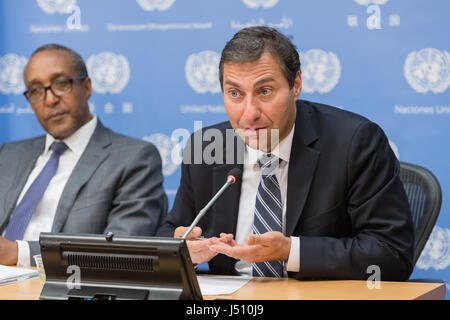 New York, USA. 15th May, 2017. Dr. Vaughan Turekian (Right), Science and Technology Adviser to the US Secretary of State and Co-chair of the STI Forum, is seen at the press briefing. In conjunction with the launch of the 2nd Multi-stakeholder Forum on Science, Technology and Innovation for the SDG's convened at UN Headquarters May 15th and 16th; Forum Co-Chairs Macharia Kamau and Vaughan Turekian joined by Microsoft Corporation's Mary Snapp held a press briefing to discuss the Forum's key objectives. (Photo by: Albin Lohr-Jones/Pacific Press) Credit: PACIFIC PRESS/Alamy Live News Stock Photo