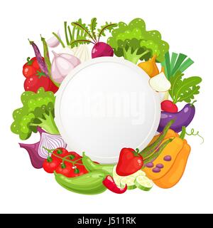 Healthy vegetables and vegetarian food round banner. Fresh organic food, healthy eating background with place for text. Natural farm product . Cartoon vector illustration Stock Vector