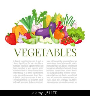 Vegetables top view frame. Farmers market menu design. Organic food colorful poster.Colorful organic banner with vegetables. Cartoon style vector illustration. Stock Vector