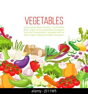 Vegetables top view frame. Farmers market menu design. Organic food colorful poster.Colorful organic banner with vegetables. Cartoon style vector illustration. Stock Vector