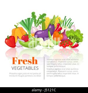 Vegetables poster,scientific article, heading, or vegetarian menu design template. Fresh farm tomato, pepper, carrot, onion, garlic, pumpkin, potato, eggplant, corn, beet, zucchini, pea, cabbage, lettuce vegetable . Vector illustration. Stock Vector