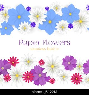 Colorful vector paper flowers horizontal seamless borders illustration. 3d origami abstract flower decoration .Paper art style for banner, poster, promotion, web site, online shopping, advertising. Stock Vector