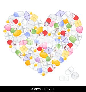 Different colorful medical pills capsules and tablets in heart. Medications collection. vector illustration in flat style. Stock Vector