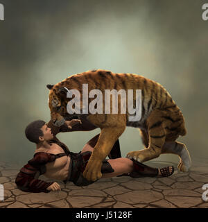 3D Illustration of a Gladiator fighting with a tiger Stock Photo