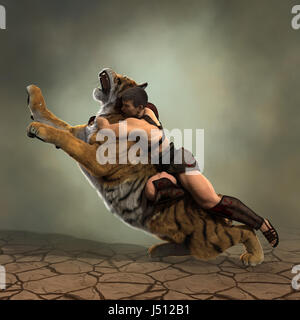 3D Illustration of a Gladiator fighting with a tiger Stock Photo