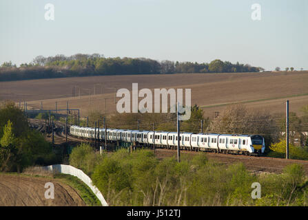 A pair of class 700 electric multiple units operating a Thamesllink service at East Hyde in Bedfordshire. 8th April 2017. Stock Photo