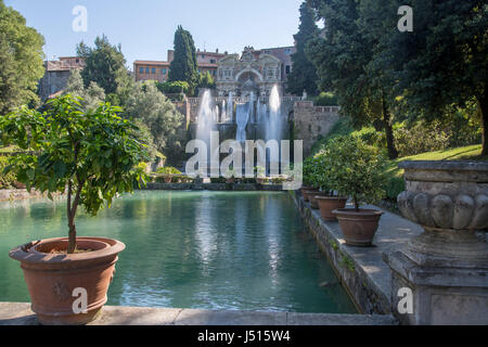 View towards the Fish Ponds, the Fountain of Neptune (Fontana di Nettuno) and the Fountain of the Organ, Villa d'Este, Tivoli, near Rome, Italy Stock Photo