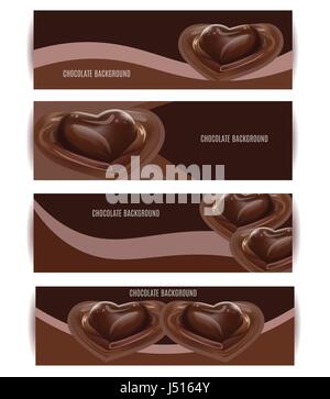 Vector Chocolate Background Set. Dessert Illustration. Liquid Pouring Chocolate. Heart-shaped. Stock Vector