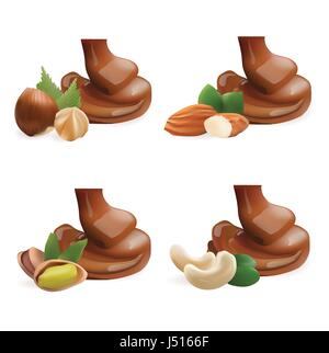 Vector Realistic Collection of Liquid Melted Pouring Chocolate and Nuts. Isolated on White Background. Design Element For Dessert Food Packaging and W Stock Vector