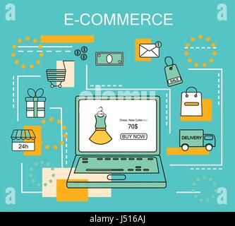 E-Commerce and Online Shopping Business. Internet and mobile marketing concept. For web and mobile phone services and apps.Vector Line Illustration. Stock Vector