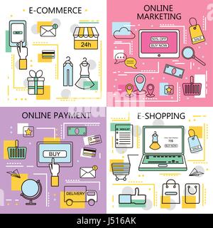 E-Commerce Online Shopping,Marketing,Online Payment Banners. Business. Internet and mobile marketing concept. For web and mobile phone services and ap Stock Vector