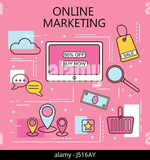 Online Marketing. Internet and mobile marketing concept. For web and mobile phone services and apps.Vector Line Illustration. Stock Vector