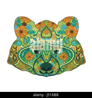 Ethnic Zentangle Ornate HandDrawn Raccoon Head. Painted Doodle Animal Head Vector Illustration. Sketch for Tattoo, Poster, Print or t-shirt. Relaxing  Stock Vector
