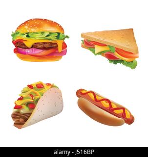 Vector Realistic fast Food Set. Burger,Hot Dog, Sandwich,Taco. Isolated On White background icons Stock Vector