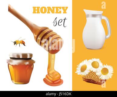 Vector Honey Set Realistic Illustration. Jar,Bank, Bee, Honeycomb,Chamomile,Honey Pouring From Wooden Stick Design Stock Vector