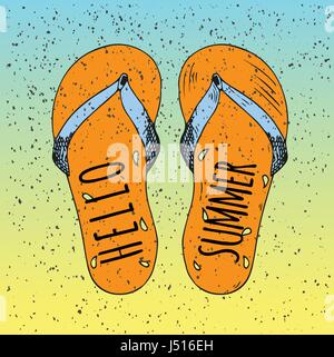 Hipster Hand Drawn Flip Flops with Inscription 'Hello Summer'. Vector printable Typography For Posters, Flyers, Cards T-Shirts. Stock Vector