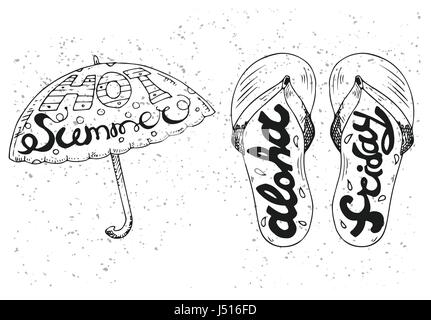 Hipster Hand Drawn Umbrella and Flip Flops. Vector printable Typography For Posters, Flyers, Cards T-Shirts. Stock Vector