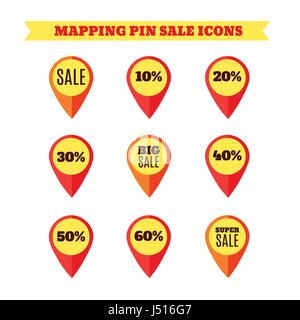 Mapping pins and pointers with Sale Signs. Big and Super Sale. Red Color. Isolated on White Stock Vector