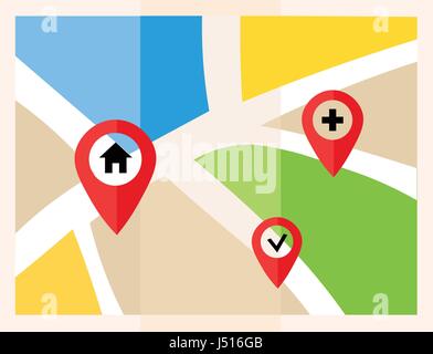 Flat map with pins. Vector location pointer icon. Markers on the Map. Stock Vector