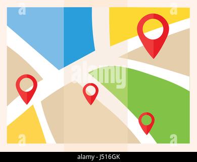 Flat map with pins. Vector location pointer icon. Markers on the Map. Stock Vector