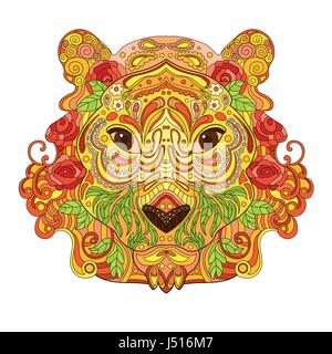 Ethnic Zentangle Ornate HandDrawn Lion Head. Painted Ink Doodle Animal Head Vector Illustration. Sketch for Tattoo, Poster, Print or t-shirt. Relaxing Stock Vector