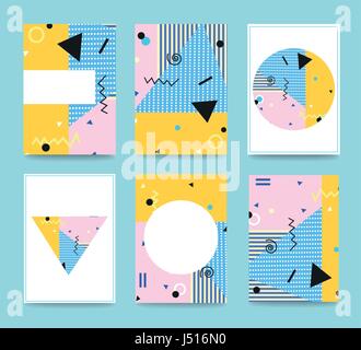 Set of Memphis Style Cards with Geometric Elements. Typography for Postcards, Banners, Reports, Posters. Covers for Books, Magazines, Invitations. Bri Stock Vector