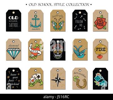 Hand drawn old School Tattoo Tags. Design Elements. Vector Vintage Set. Stock Vector