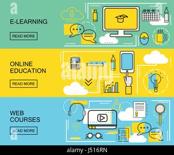 E-learning, Online Education and Web Courses horizontal banners. Distance Trainings. Study Icons with thin line style. vector Illustration Stock Vector