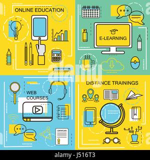 E-learning,Online Ecucation, Web Courses and Distance trainings concept.Thin Line icons. Vector Illustration. Banners for web ,network, site, social m Stock Vector