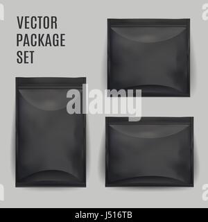 Black Blank Foil Food Snack Sachet Bag Packaging For Coffee, Salt, Sugar, Pepper, Spices, Sachet, Sweets, Chips, Cookies. Vector Mock Up Illustration  Stock Vector