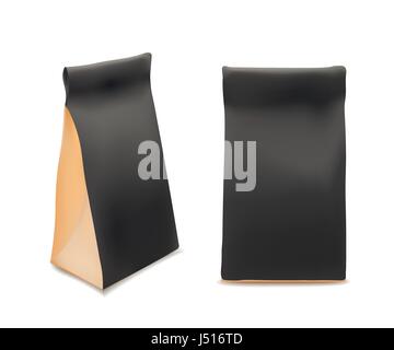 Black Paper Food Bag Package For Coffee, Tea, Snacks, Chips, Breakfast,Meal. Isolated Mock Up Template Ready For Your Design. Product Packing Vector.  Stock Vector