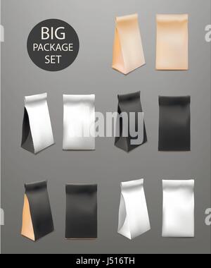 Paper Food Bag Package Big Set For Coffee, Tea, Snacks, Chips, Breakfast,Meal. Isolated Mock Up Template Ready For Your Design. Product Packing Vector Stock Vector