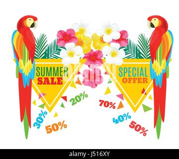 Summer Hot Sale Poster. Parrot, Exotic Flowers and Pineapple. Vector geometric promotional illustration. Stock Vector